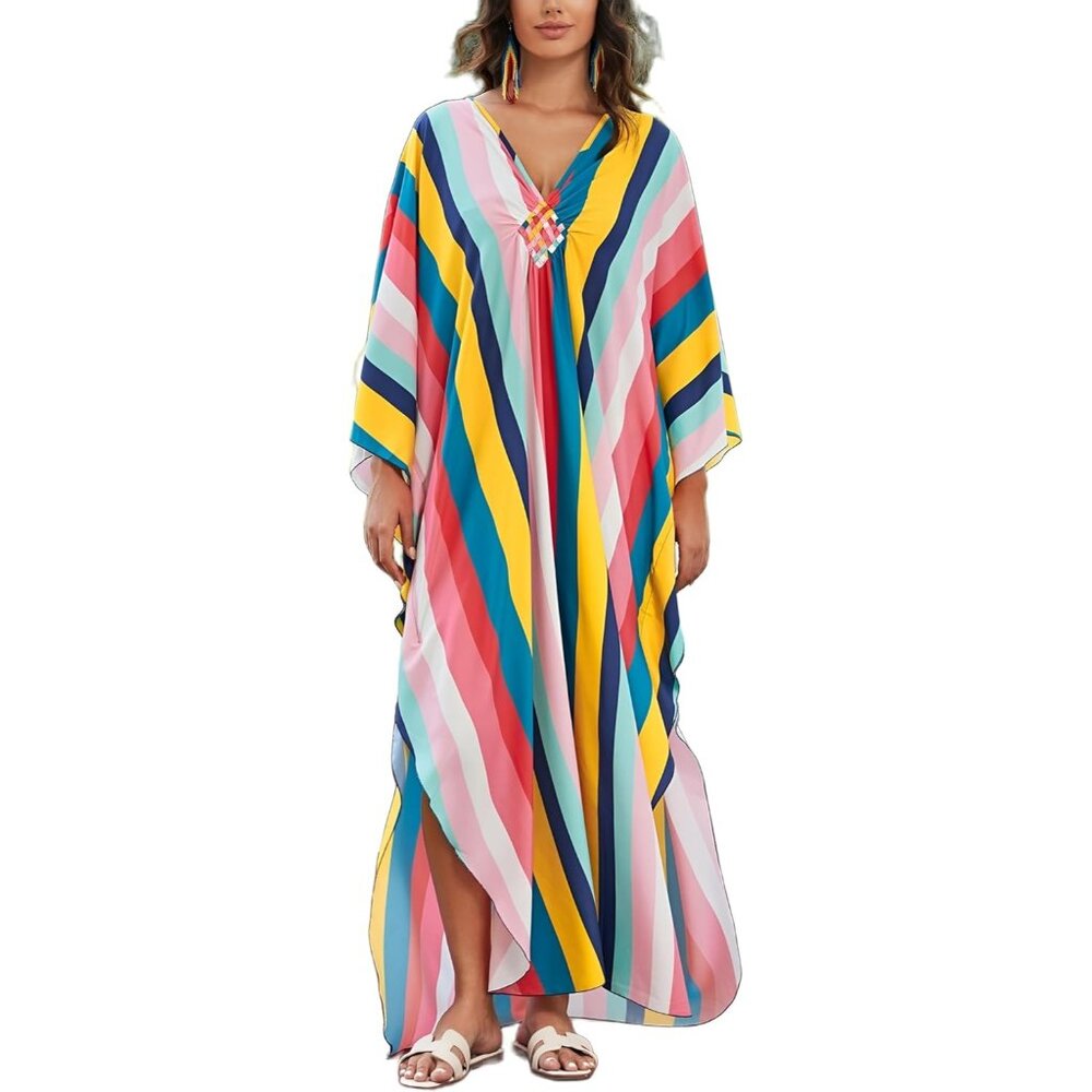 Women 2 Multi Color Sleeve Kaftan Flowy Lightweight Loungewear Beach Caftan Maxi
